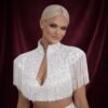 ZEVQ custom sequin bridal cape with beaded fringe, a luxury wedding shrug for brides and performers.