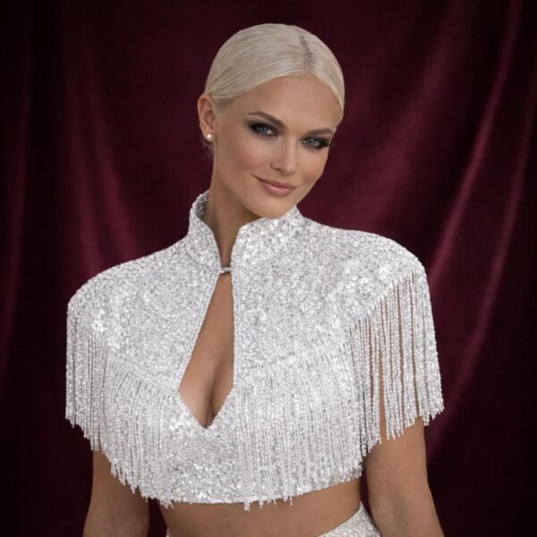 ZEVQ custom sequin bridal cape with beaded fringe, a luxury wedding shrug for brides and performers.