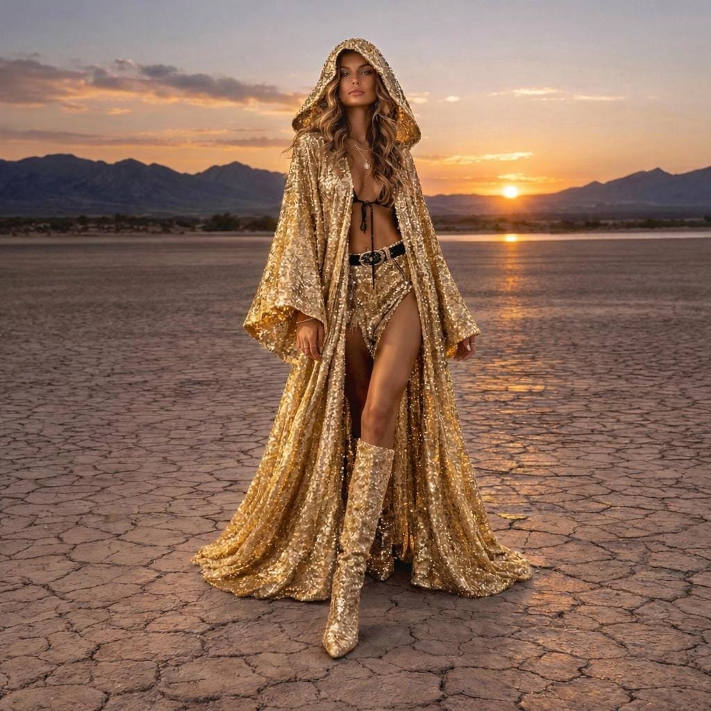 Premium gold sequin duster coat with satin lining, a custom-length festival kaftan from ZEVQ.
