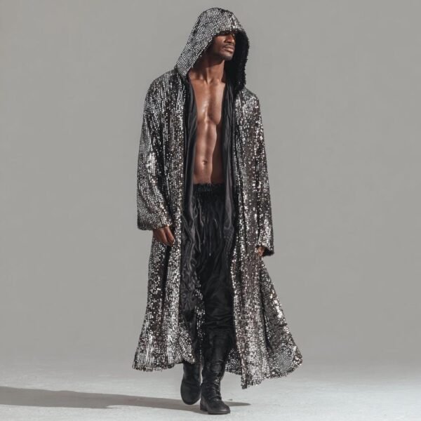 Luxury Men's Silver Sequin Duster Coat, a premium festival kimono for raves and events.