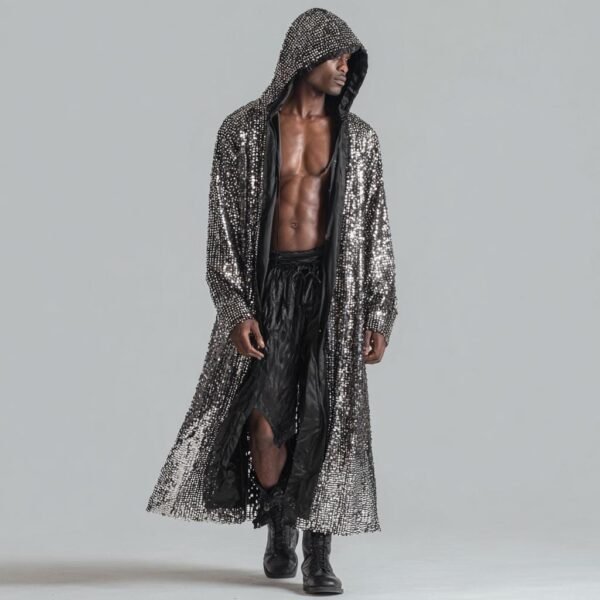 Luxury Men's Silver Sequin Duster Coat, a premium festival kimono for raves and events.