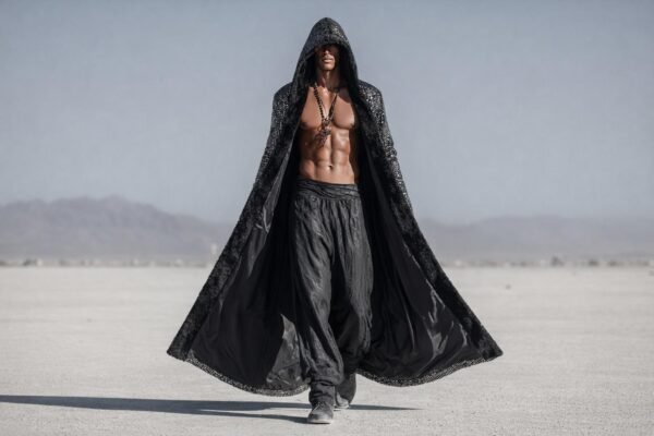 Luxury Men's Silver Sequin Duster Coat, a premium festival kimono for raves and events.