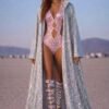 ZEVQ Holographic Hooded Maxi Duster - Iridescent Festival Robe and Coat