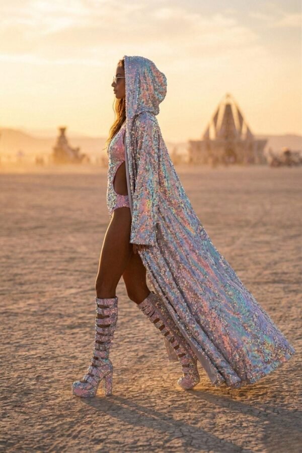 ZEVQ Holographic Hooded Maxi Duster - Iridescent Festival Robe and Coat
