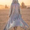 ZEVQ Holographic Hooded Maxi Duster - Iridescent Festival Robe and Coat