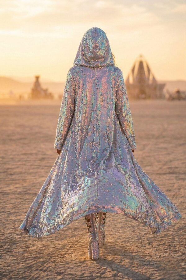 ZEVQ Holographic Hooded Maxi Duster - Iridescent Festival Robe and Coat