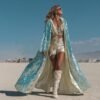 Luxury Turquoise Sequin Hooded Kaftan, a shimmering festival robe with satin lining.