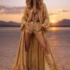 Premium gold sequin duster coat with satin lining, a custom-length festival kaftan from ZEVQ.