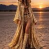 Premium gold sequin duster coat with satin lining, a custom-length festival kaftan from ZEVQ.