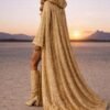 Premium gold sequin duster coat with satin lining, a custom-length festival kaftan from ZEVQ.