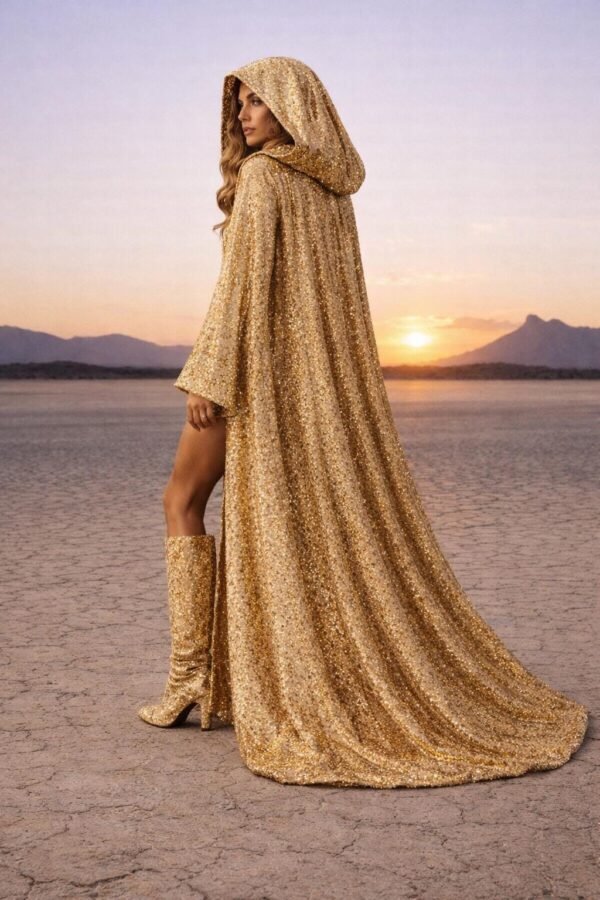 Premium gold sequin duster coat with satin lining, a custom-length festival kaftan from ZEVQ.