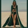 Emerald green velvet hooded kaftan with gold sequin trim, a luxury festival cape for Burning Man and photoshoots.