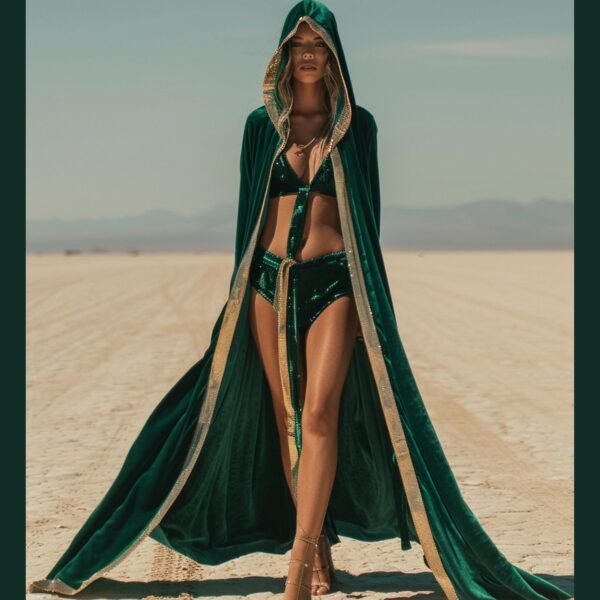 Emerald green velvet hooded kaftan with gold sequin trim, a luxury festival cape for Burning Man and photoshoots.