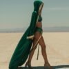 Emerald green velvet hooded kaftan with gold sequin trim, a luxury festival cape for Burning Man and photoshoots.
