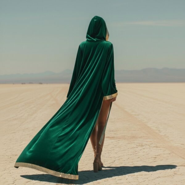 Emerald green velvet hooded kaftan with gold sequin trim, a luxury festival cape for Burning Man and photoshoots.