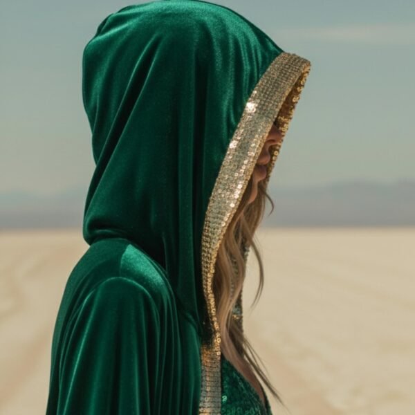Emerald green velvet hooded kaftan with gold sequin trim, a luxury festival cape for Burning Man and photoshoots.