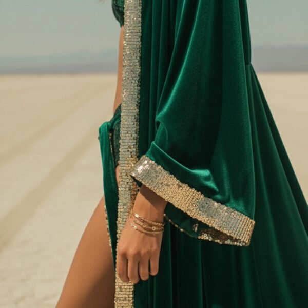 Emerald green velvet hooded kaftan with gold sequin trim, a luxury festival cape for Burning Man and photoshoots.
