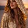 Premium gold sequin duster coat with satin lining, a custom-length festival kaftan from ZEVQ.