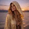 Premium gold sequin duster coat with satin lining, a custom-length festival kaftan from ZEVQ.