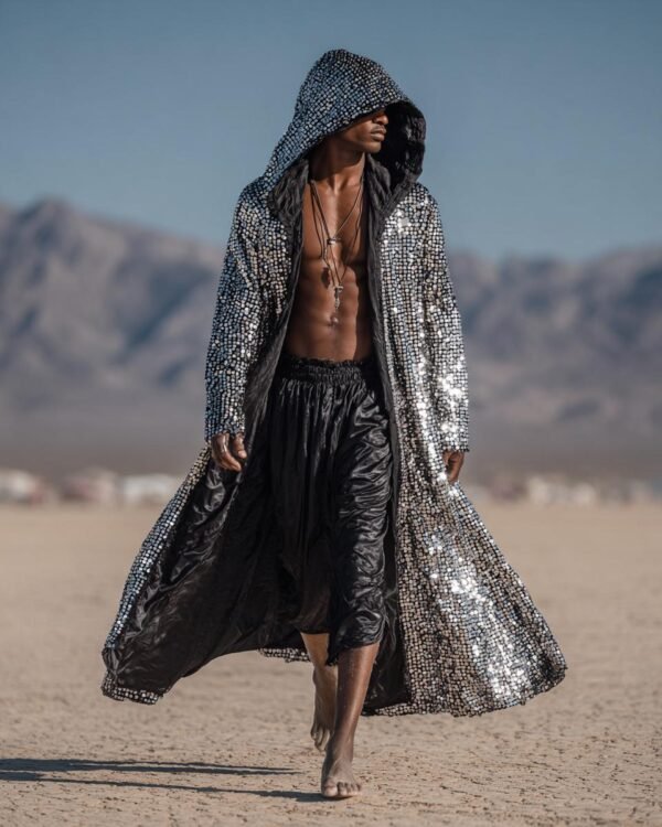 Luxury Men's Silver Sequin Duster Coat, a premium festival kimono for raves and events.