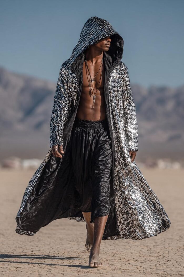 Luxury Men's Silver Sequin Duster Coat, a premium festival kimono for raves and events.