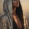 ZEVQ's premium silver sequin maxi duster hoodie, a festival statement coat with black satin lining.