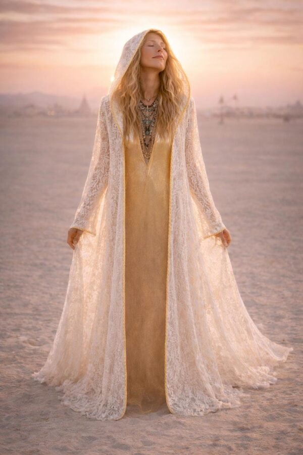 ZEVQ's premium French lace hooded duster coat with gold trim, a Burning Man festival kimono, worn in a desert landscape.