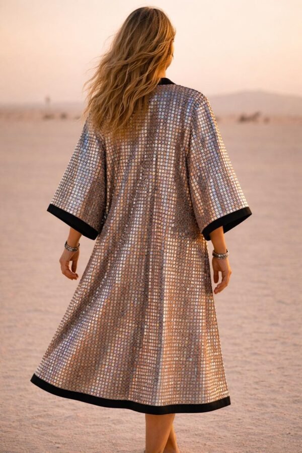 ZEVQ Silver Mirror Tile Kimono Duster, a metallic festival robe with satin trim, worn at a desert rave.