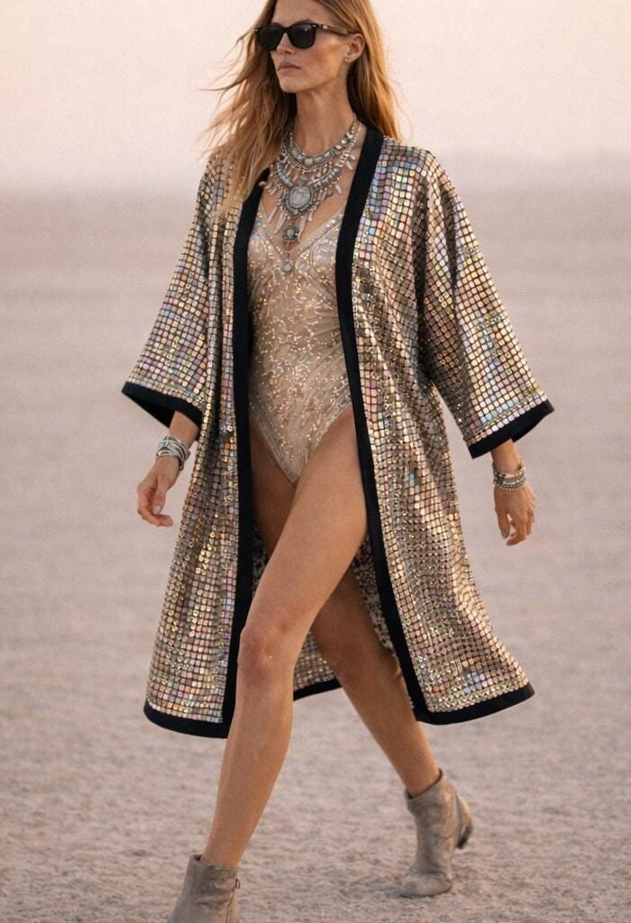 ZEVQ Silver Mirror Tile Kimono Duster, a metallic festival robe with satin trim, worn at a desert rave.