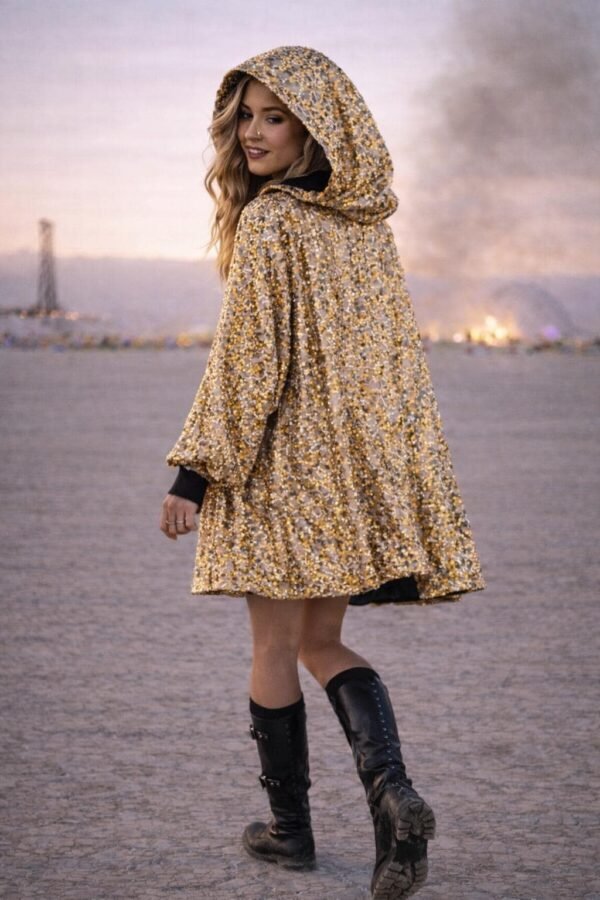Premium gold sequin duster kimono with ribbed cuffs, a luxury festival jacket.