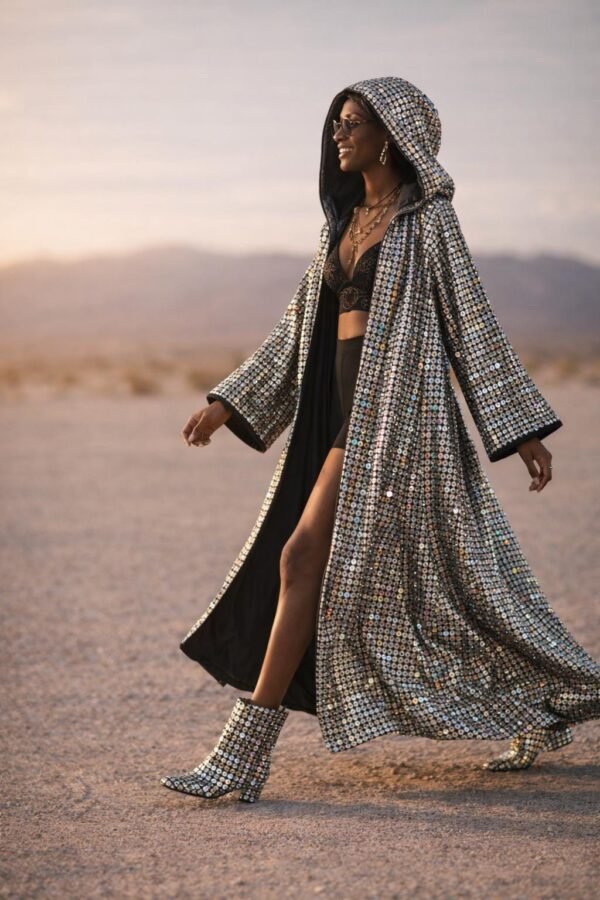 Custom Metallic Mirror Duster Coat in silver with black silk satin lining, worn at a festival