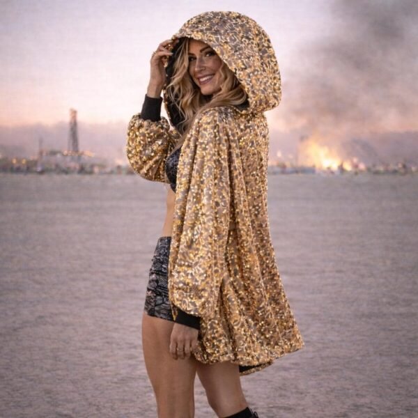 Premium gold sequin duster kimono with ribbed cuffs, a luxury festival jacket.