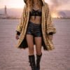 Premium gold sequin duster kimono with ribbed cuffs, a luxury festival jacket.