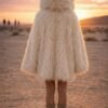 ZEVQ premium faux fur hooded festival duster coat with emerald satin lining, worn at a festival.