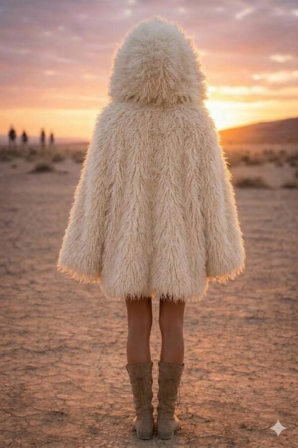 ZEVQ premium faux fur hooded festival duster coat with emerald satin lining, worn at a festival.