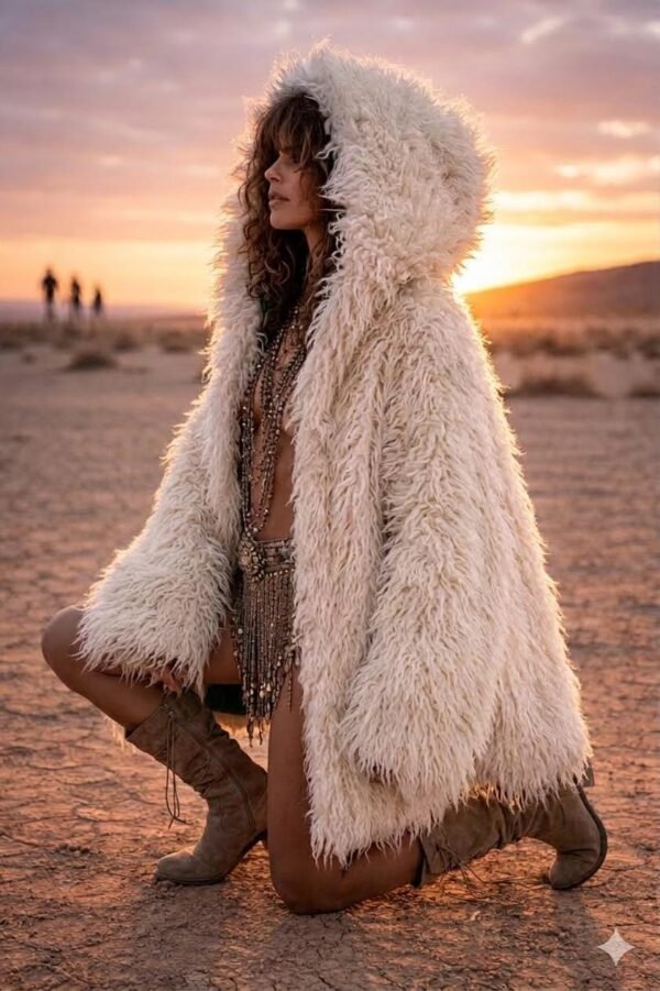 ZEVQ premium faux fur hooded festival duster coat with emerald satin lining, worn at a festival.