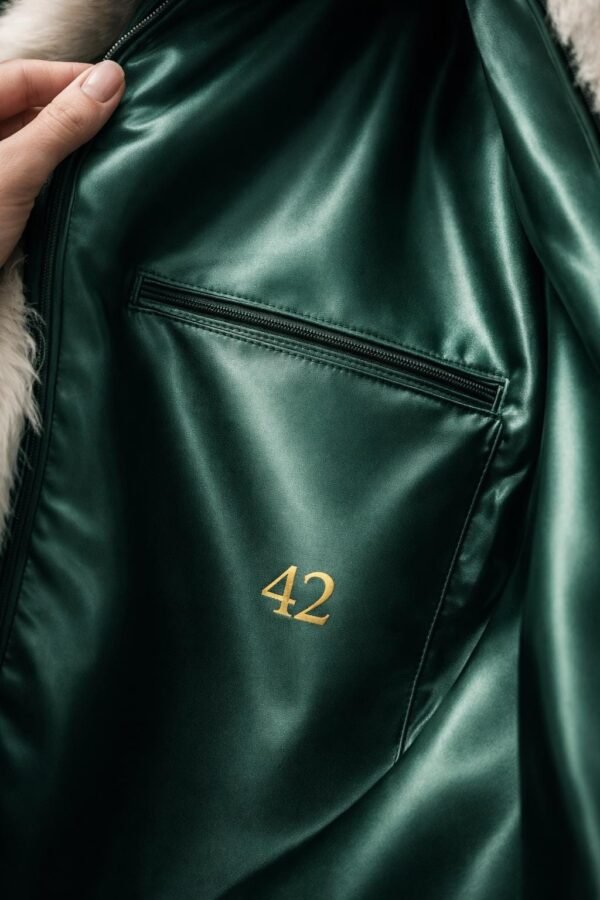ZEVQ premium faux fur hooded festival duster coat with emerald satin lining, worn at a festival.