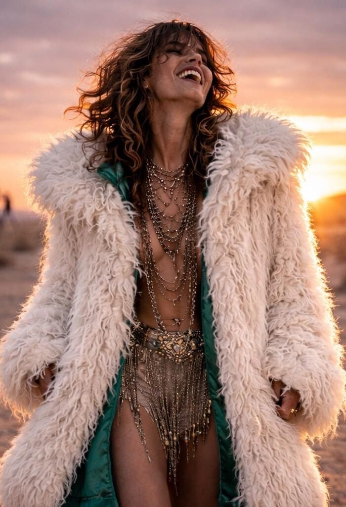 ZEVQ premium faux fur hooded festival duster coat with emerald satin lining, worn at a festival.