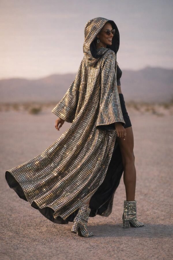 Custom Metallic Mirror Duster Coat in silver with black silk satin lining, worn at a festival