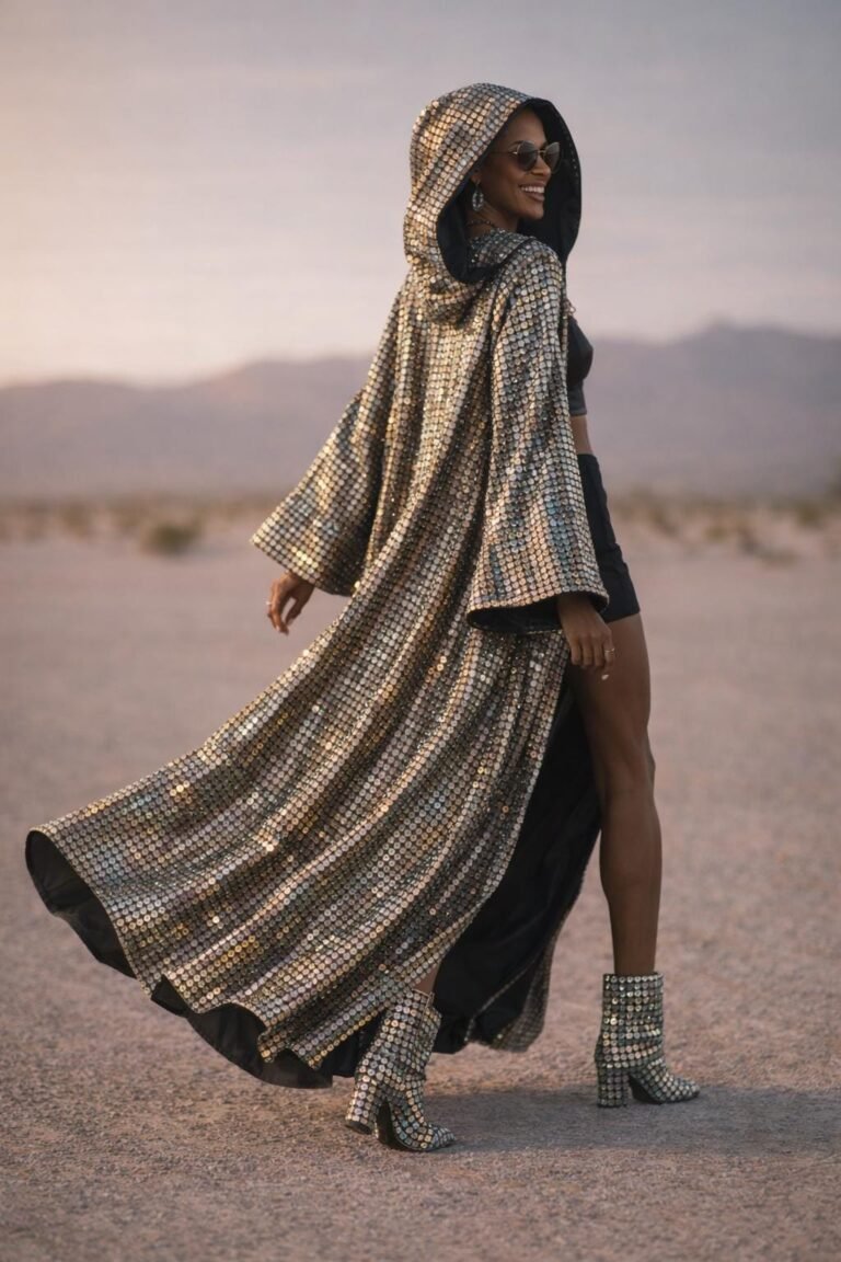 Custom Metallic Mirror Duster Coat in silver with black silk satin lining, worn at a festival