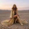Premium gold sequin duster coat with satin lining, a custom-length festival kaftan from ZEVQ.