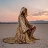 Premium gold sequin duster coat with satin lining, a custom-length festival kaftan from ZEVQ.