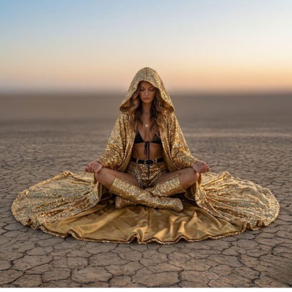 Premium gold sequin duster coat with satin lining, a custom-length festival kaftan from ZEVQ.