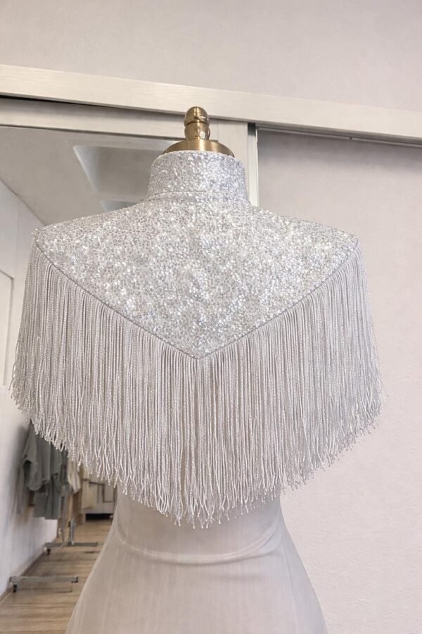 ZEVQ custom sequin bridal cape with beaded fringe, a luxury wedding shrug for brides and performers.