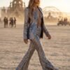 Model wearing the premium Silver Sequin Suit with lined blazer and lycra flare pants from ZEVQ.