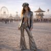 Model wearing the premium Silver Sequin Suit with a lined blazer and stretch lycra flare pants, a perfect festival outfit.