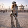 Model wearing the premium Silver Sequin Suit with lined blazer and lycra flare pants from ZEVQ.