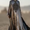 ZEVQ Silver Sequin Hooded Duster custom print maxi coat creating a liquid metal effect at a festival
