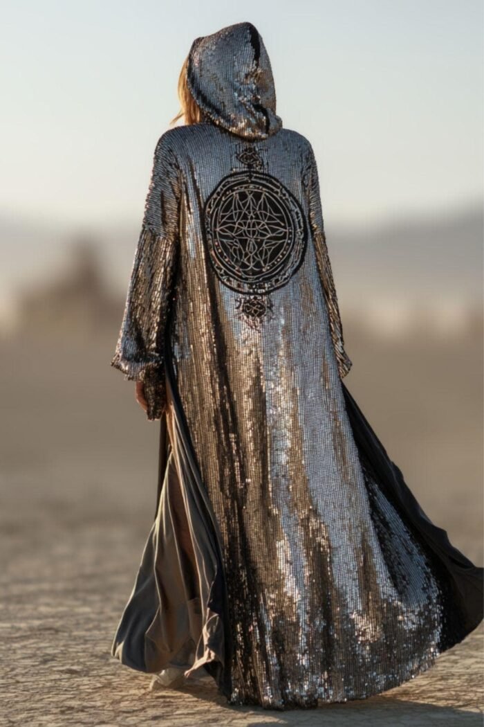 ZEVQ Silver Sequin Hooded Duster custom print maxi coat creating a liquid metal effect at a festival
