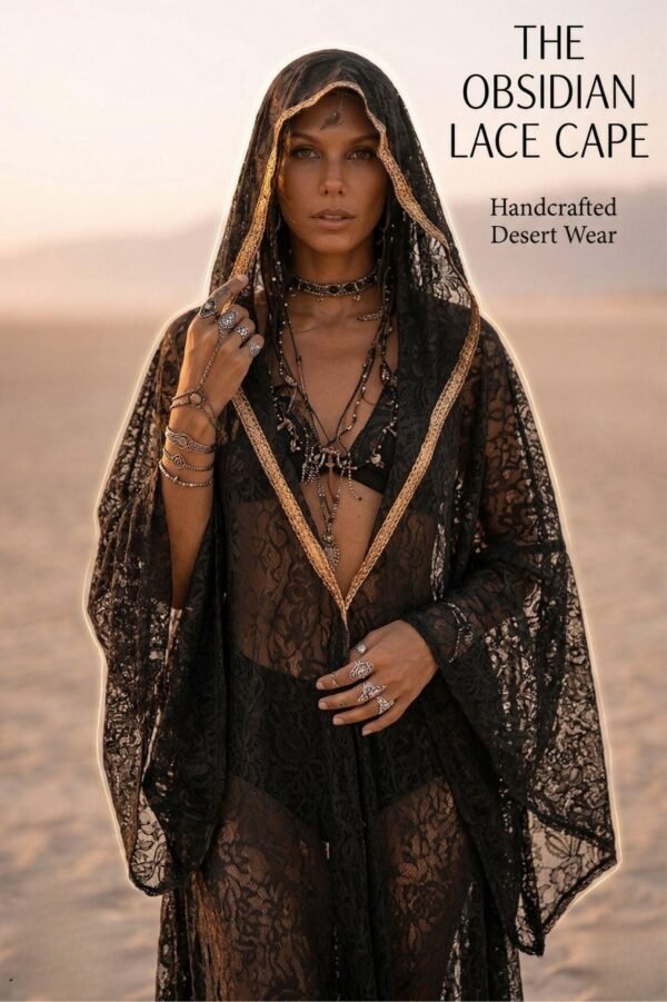 ZEVQ premium black lace hooded kaftan, a sheer festival kimono with gold trim, worn at a desert festival.